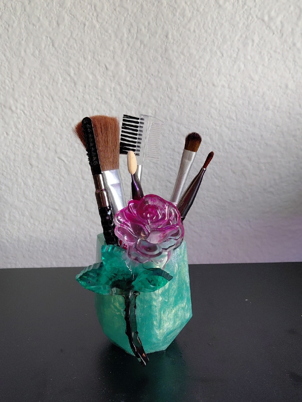 Decorative Turquoise Makeup Brush Holder with Pink Rose Accent